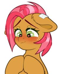  4:5 absurd_res aged_up babs_seed_(mlp) blush blush_lines bust_portrait cutie_mark ear_piercing ear_ring earth_pony embarrassed equid equine etoz featherweight_(mlp) female feral freckles friendship_is_magic green_eyes hair hasbro hi_res horse jewelry mammal my_little_pony piercing pony portrait red_hair ring_piercing shy simple_background solo watermark white_background wingding_eyes 