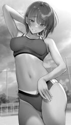  absurdres armpits arms_up bare_arms bare_shoulders blush breasts buruma cowboy_shot female gentsuki greyscale highres large_breasts looking_at_viewer monochrome navel original outdoors parted_lips short_hair smile solo sports_bra sportswear stomach thighs 