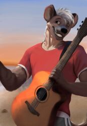  2024 absurd_res anthro athletic athletic_anthro athletic_male biped black_eyes brown_body brown_fur clothing flyingliam1125 fur guitar hi_res holding_guitar holding_musical_instrument holding_object hyena looking_at_viewer male mammal musical_instrument plucked_string_instrument red_clothing red_shirt red_topwear shirt solo string_instrument sunset topwear 