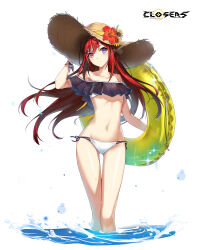  alternate_hair_color ass_visible_through_thighs bai_winchester bare_shoulders bikini closers collarbone copyright_name female floating_hair flower groin hair_between_eyes hand_on_headwear hat hat_flower hat_ribbon heterochromia hibiscus highres holding innertube logo long_hair looking_at_viewer navel off_shoulder official_art pink_eyes purple_eyes red_flower red_hair ribbon side-tie_bikini_bottom simple_background solo standing stomach straw_hat string_bikini sun_hat sunflower swim_ring swimsuit thighs variant_set very_long_hair wading water white_background white_bikini wrist_ribbon yellow_innertube yellow_ribbon 