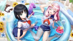  2girls arms_up artist_request bare_arms bare_legs barefoot black_hair bob_cut cup dolphin_wave drinking_straw eines_(dolphin_wave) eye_symbol flower green_eyes highres innertube long_hair looking_at_viewer looking_up multiple_girls nacht_(dolphin_wave) official_art one_eye_closed pink_hair sailor_collar sailor_shirt school_swimsuit shirt short_sleeves sitting soap_bubbles sunflower swim_ring swimsuit wading_pool wariza water_gun wet wet_clothes wet_shirt 