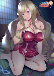  :3 ahoge anshinzawa_sasami arm_support armpit_crease bare_shoulders barefoot bead_necklace beads blonde_hair blue_eyes blush breasts cleavage closed_mouth collarbone commentary_request dagger dress feet female highres holding holding_weapon horse_girl indoors jewelry knife large_breasts long_hair necklace no_jacket on_ground red_dress shiny_clothes sidelocks sitting solo strapless strapless_dress tatami tsukareme umamusume v-shaped_eyebrows very_long_hair weapon yokozuwari 