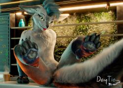  3d_(artwork) c4d cinema_4d_(artwork) daytia digital_media_(artwork) fluffy fur grass hair hi-tech hi_res lamp male open_mouth paws plant pose posed rexouium smile solo tail vrchat warm_light warm_lighting ych 