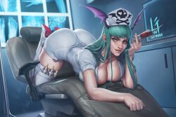  all_fours alternate_costume artist_name bat_wings breasts chair cleavage darkstalkers demon_girl dress female g21mm green_eyes green_hair hat head_wings high_heels highres holding holding_syringe indoors large_breasts long_hair looking_at_viewer morrigan_aensland nurse nurse_cap parted_lips print_headwear short_dress short_sleeves skull_print solo syringe thighhighs white_dress white_footwear white_thighhighs wings 