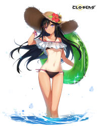  ass_visible_through_thighs bai_winchester bare_shoulders bikini black_bikini black_hair closers collarbone copyright_name female floating_hair flower green_innertube green_ribbons groin hair_between_eyes hand_on_headwear hat hat_flower hat_ribbon heterochromia hibiscus highres holding innertube logo long_hair looking_at_viewer navel off_shoulder official_art one-piece_tan pink_eyes purple_eyes red_flower ribbon side-tie_bikini_bottom simple_background solo standing stomach straw_hat string_bikini sun_hat sunflower swim_ring swimsuit tan tanlines thighs variant_set very_long_hair wading water white_background wrist_ribbon 