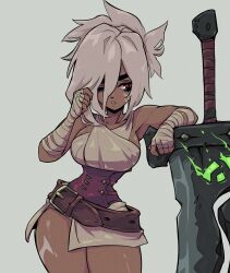  absurdres alternate_skin_color bandaged_hand bandages bare_shoulders belt brown_belt contrapposto corset cowboy_shot dark-skinned_female dark_skin doobermcgoober female greatsword hair_between_eyes highres league_of_legends muscular muscular_female one_eye_closed riven_(league_of_legends) solo standing sword weapon 