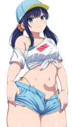  absurdres baseball_cap bikini black_hair blue_eyes blush breasts closed_mouth female gridman_universe gridman_universe_(film) hair_ornament hat highres long_hair looking_at_viewer midriff navel noshimurin ponytail shirt shorts simple_background solo ssss.gridman string_bikini swimsuit t-shirt takarada_rikka thighs white_shirt 