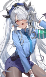  absurdres alternate_costume blue_archive blue_shirt cuffs dark-skinned_female dark_skin female female_service_cap grey_hair grey_halo hair_over_one_eye halo handcuff_dangle handcuffs hat highres holding holding_handcuffs iori_(blue_archive) layer_(shinobu) looking_at_viewer necktie pencil_skirt pointy_ears police police_badge police_hat police_uniform policewoman purple_halo shirt skirt solo twintails uniform walkie-talkie white_background 