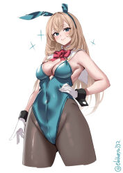  alternate_costume animal_ears bare_shoulders blonde_hair blue_eyes blush bow bowtie breasts cleavage cropped_legs detached_collar ebifurya fake_animal_ears female flower hair_between_eyes highres kantai_collection leotard long_hair looking_at_viewer medium_breasts one-hour_drawing_challenge pantyhose playboy_bunny rabbit_ears red_flower red_rose rose smile solo strapless strapless_leotard twitter_username victorious_(kancolle) white_background wrist_cuffs 