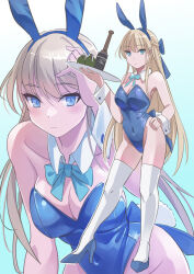  animal_ears blonde_hair blue_archive blue_bow blue_bowtie blue_eyes blue_leotard bow bowtie breasts cleavage collarbone commentary_request covered_navel detached_collar fake_animal_ears frown gradient_background hairbow half_updo leotard long_hair looking_at_viewer medium_breasts multiple_views nikulas_cage playboy_bunny rabbit_ears simple_background thighhighs thighs toki_(blue_archive) toki_(bunny)_(blue_archive) very_long_hair white_thighhighs wrist_cuffs 