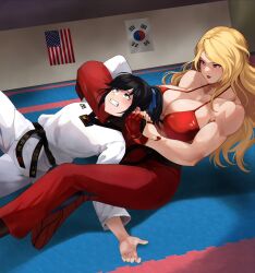  2girls american_flag bare_arms bare_shoulders barefoot belt between_legs bikini black_belt black_hair blonde_hair blue_bow blue_eyes blush bow breasts catfight chloe_(thespeakergram) clenched_hand clenched_teeth collarbone dojo dougi english_commentary feet feet_out_of_frame fingerless_gloves fingernails furrowed_brow gloves grabbing_own_foot hands_on_own_feet highres light_blush long_bangs long_hair looking_at_another lying messy_hair mma_gloves multiple_girls muscular muscular_female nail_polish ohxs on_back on_floor original pants ponytail purple_eyes red_bikini red_lips red_nails red_pants rolling_eyes shadow shin_guards shion_aoyama south_korean_flag sparring stirrup_legwear straight_hair strangling submission_hold swimsuit teeth toeless_legwear toenail_polish toenails wrestling 