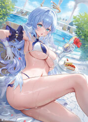  adapted_costume bare_legs bead_bracelet beads bikini blue_hair blush bracelet breasts cake cake_slice cleavage collar commentary cup detached_collar detached_sleeves drinking_glass earrings feet_out_of_frame female flower food gloves green_eyes hair_between_eyes halo head_wings highres holding holding_cup honkai:_star_rail honkai_(series) jewelry large_breasts leg_up long_hair looking_at_viewer low_wings machi_(7769) navel open_mouth plate pool poolside purple_collar purple_sleeves red_flower revision robin_(honkai:_star_rail) sidelocks sitting solo stomach swimsuit symbol-only_commentary underboob very_long_hair wet white_bikini white_gloves wings 