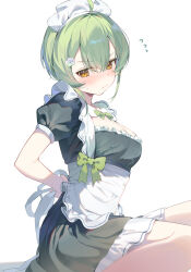  apron arms_behind_back blush bow breasts cleavage dot_nose dress dress_bow female frilled_dress frills from_side green_bow green_hair hair_between_eyes hair_ornament hana_mori highres long_bangs maid maid_apron maid_headdress medium_breasts medium_dress medium_hair orange_eyes original short_sleeves sidelocks simple_background sitting solo sweatdrop v-shaped_eyebrows white_apron white_background white_headdress 