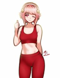  ;) alternate_costume breasts commission female fire_emblem fire_emblem_fates ko-fi_commission looking_at_viewer navel one_eye_closed pink_eyes pink_hair rotomdocs sakura_(fire_emblem) small_breasts smile solo sportswear thumbs_up 