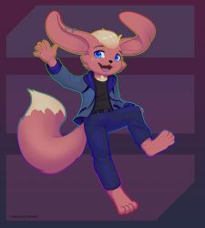  2024 anthro barefoot big_ears biped black_nose blue_eyes bottomwear brown_body cheek_tuft clothed clothing dipstick_tail ear_piercing ear_ring eyebrows facial_tuft feet floppy_ears fluffy fluffy_tail gesture hair hi_res hybrid jacket jamesfoxbr lagomorph leporid long_ears looking_at_viewer male mammal markings mustelid musteline open_mouth open_smile pants piercing plantigrade rabbit ring_piercing shirt short_hair simple_background smile solo stoat tail tail_markings tan_hair tan_markings teeth tongue topwear true_musteline tuft waving waving_at_viewer weasel 