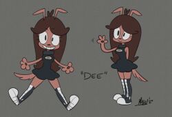  animal_humanoid anthro black_clothing black_dress brown_body brown_hair canid canid_humanoid canine canine_humanoid clothing collar cowlick dee_(mikejv98) dog_humanoid dress ears_up female hair hi_res high_top_shoes humanoid mammal mammal_humanoid mikejv98_(artist) solo toony 