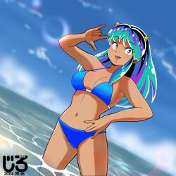  \m/ arm_up artist_logo bikini blue_bikini breasts collarbone cone_horns dark-skinned_female dark_skin dated dutch_angle female green_hair hand_on_own_hip highres horns jirohhb long_hair looking_at_viewer lum navel ocean open_mouth orange_eyes outdoors pointy_ears sidelocks solo standing swimsuit tan urusei_yatsura wading water 