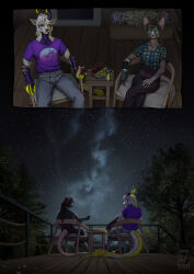  anthro bat beverage bowl can chair clothed clothing container digital_media_(artwork) dragon duo food fruit furniture grape hair hi_res hybrid intersex male maleherm mammal murid murine mythological_creature mythological_scalie mythology night plant porch rat rodent scalie shirt sky smoke smoking star stargazing table tail techiesxc topwear 