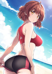  adjusting_clothes adjusting_shorts adjusting_swimsuit ahoge ass back bare_shoulders beach bikini bikini_shorts bird black_shorts blue_sky blush breasts brown_hair day dutch_angle female from_behind gakuen_idolmaster hair_bun hanami_ume highres horizon idolmaster large_breasts lens_flare looking_at_viewer looking_back ocean outdoors parted_lips red_bikini red_shorts seagull shorts single_side_bun sky solo standing sunlight swimsuit tokia_(17141031otw) two-tone_shorts 