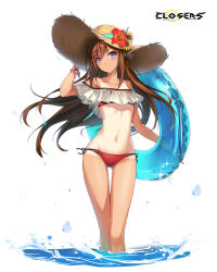  alternate_hair_color ass_visible_through_thighs bai_winchester bare_shoulders bikini blue_innertube blue_ribbon brown_hair closers collarbone copyright_name female floating_hair flower groin hair_between_eyes hand_on_headwear hat hat_flower hat_ribbon heterochromia hibiscus highres holding innertube logo long_hair looking_at_viewer navel off_shoulder official_art one-piece_tan pink_eyes purple_eyes red_bikini red_flower ribbon side-tie_bikini_bottom simple_background solo standing stomach straw_hat string_bikini sun_hat sunflower swim_ring swimsuit tan tanlines thighs variant_set very_long_hair wading water white_background wrist_ribbon 