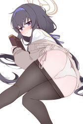  absurdres black_hair black_pantyhose blue_archive blue_hairband book brown_halo closed_mouth female from_behind gu_meng_yin hairband halo highres holding holding_book long_hair looking_at_viewer looking_back low_twintails panties pantyhose simple_background solo twintails ui_(blue_archive) underwear wavy_mouth white_background white_panties 