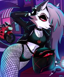  2024 49ersrule07_(artist) 5:6 anthro black_clothing black_panties black_underwear breasts canid canid_demon canine chest_tuft clothing collar crop_top demon ear_piercing ear_ring eyebrow_piercing eyebrow_ring eyebrows eyelashes facial_piercing female fingerless_gloves fishnet_clothing fishnet_legwear fishnet_pantyhose fur gloves grey_body grey_fur grey_hair hair handwear hellhound helluva_boss hi_res jacket key leather leather_clothing leather_jacket leather_topwear legwear looking_at_viewer loona_(helluva_boss) mammal midriff motorcycle motorcycle_helmet mythological_canine mythological_creature mythology notched_ear panties pantyhose piercing red_sclera ring_piercing shirt solo spiked_collar spikes topwear tuft underwear vehicle white_body white_fur 