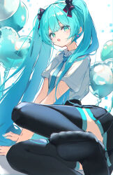  :o absurdres aqua_hair aqua_nails aqua_trim balloon birthday black_skirt black_thighhighs blue_necktie collared_shirt confetti earrings female fuunyon green_eyes grey_shirt hair_ribbon hatsune_miku heart heart_balloon heart_earrings highres jewelry long_hair necktie no_shoes open_mouth pleated_skirt ribbon shadow shirt short_sleeves skirt solo thighhighs twintails very_long_hair vocaloid white_background 