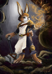  2021 3_toes 5_fingers ambiguous_gender anthro armor barefoot belt belt_buckle belt_pouch brown_belt brown_body brown_eyes brown_fur brown_tail buckle cave clothing colored digital_media_(artwork) digital_painting_(artwork) dungeons_and_dragons duo eyelashes feet female female_anthro fingers fur hammer hasbro hi_res holding_hammer holding_melee_weapon holding_object holding_tool holding_weapon inside knee_pads lagomorph larger_ambiguous leporid light lighting long_ears magic magic_user mammal melee_weapon mouth_closed multicolored_body multicolored_fur mythrava paladin pauldron pink_nose rabbit rock scapular scut_tail shaded short_tail signature size_difference smaller_anthro smaller_female standing tail toes tools two_tone_body two_tone_fur weapon white_body white_clothing white_fur white_inner_ear white_scapular wizards_of_the_coast 