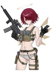  absurdres arknights assault_rifle black_gloves bra brown_halo chest_rig chinese_commentary closed_mouth clothes_writing commentary_request cropped_legs detached_wings exusiai_(arknights) female gloves grey_bra grey_panties gun hair_over_one_eye halo hand_up highres holding holding_gun holding_weapon holstered is-8_shi_zhong_zhan_che looking_at_viewer navel one_eye_covered orange_eyes panties pink_hair rifle sheath sheathed short_hair simple_background smile solo split_mouth standing strap thigh_strap trigger_discipline underwear underwear_only waving weapon white_background wings 