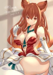  anthuria anthuria_(holiday)_(granblue_fantasy) backless_dress backless_outfit breasts cleavage dress elbow_gloves erune female gloves gradient_hair granblue_fantasy green_neckerchief hair_down long_hair medium_breasts multicolored_hair neckerchief official_alternate_costume panties pochi-a red_dress red_eyes red_hair sideless_outfit solo strapless strapless_dress thighhighs underwear white_panties white_thighhighs 