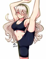  alternate_costume black_hairband commission corrin_(female)_(fire_emblem) corrin_(fire_emblem) female fire_emblem fire_emblem_fates grey_hair hair_between_eyes hairband ko-fi_commission long_hair looking_at_viewer one_eye_closed pointy_ears red_eyes rotomdocs solo split sportswear standing standing_on_one_leg standing_split 