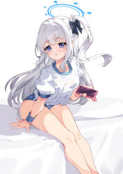  absurdres arm_support bare_legs bent_over black_bow blue_archive blue_halo blue_panties blue_wristband blush bow cellphone collarbone female grey_hair hairbow half_up_braid halo highres holding holding_phone hua-huahua long_hair looking_at_viewer miyako_(blue_archive) one_side_up panties parted_lips phone purple_eyes shirt sidelocks sitting smartphone smartphone_case solo sweat underwear wet white_shirt wristband 