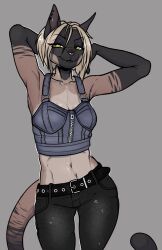  alternative_fashion anthro belt black_body black_fur blonde_hair bottomwear clothed clothing crop_top denim denim_bottomwear denim_clothing denim_top digital_media_(artwork) domestic_cat ear_piercing eyeshadow fangs felid feline felis female fur green_eyes hair hands_behind_head hi_res jeans makeup mammal midriff navel pants piercing shirt siamese simple_background sloshum smile solo tail tan_body tan_fur teeth topwear tracy_guo zipper 