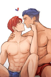  2boys abs blue_hair blue_male_underwear boxer_briefs closed_eyes commentary commission couple ear_piercing eliwood_(fire_emblem) english_commentary fell_from_the_sky fire_emblem fire_emblem:_the_blazing_blade hand_on_another&#039;s_face hand_on_another&#039;s_neck heart hector_(fire_emblem) highres imminent_kiss male_focus male_underwear multiple_boys navel navel_hair nipples pectorals piercing red_hair red_male_underwear short_hair sitting toned toned_male topless_male twitter_username undercut underwear underwear_only white_background yaoi 