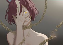  animal_ears broken broken_chain brown_hair chained chains collarbone covering_one_eye covering_own_mouth female gradient_background hand_on_own_face hand_up head_tilt highres horse_ears looking_at_viewer multicolored_hair short_hair solo streaked_hair takenoko_(rakugaki_chou) tanino_gimlet_(umamusume) topless umamusume yellow_eyes 