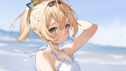  arm_up bare_arms bare_shoulders beach blonde_hair blue_eyes blurry blurry_background blush breasts close-up cross-laced_clothes cross-laced_dress day dress female frilled_dress frills hair_between_eyes hana_mori hololive kazama_iroha looking_at_viewer looking_to_the_side medium_breasts outdoors parted_lips ponytail short_hair sidelocks sleeveless sleeveless_dress solo standing sundress sunlight three_quarter_view upper_body virtual_youtuber white_dress 