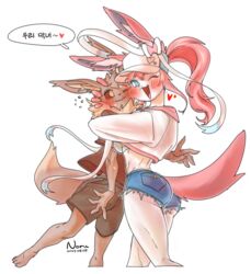  anthro ass big_butt blue_pupils blush bodily_fluids bottomwear breasts brother_(lore) brother_and_sister_(lore) cheek_to_cheek clothing crop_top cutoffs dark_pupils denim denim_bottomwear denim_clothing duo eevee eeveelution female fur generation_1_pokemon generation_6_pokemon hair heart_symbol hi_res hug inner_ear_fluff jeans larger_female male male/female multicolored_body multicolored_fur neck_tuft nintendo noruru3737 pants pink_hair pokemon pokemon_(species) pupils ribbons shirt shorts sibling_(lore) simple_background sister_(lore) size_difference skinny_male smaller_male smile sweat sweatdrop sylveon thick_thighs topwear tuft two_tone_body two_tone_fur under_boob 