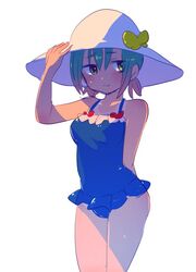  alternate_costume arm_behind_back blue_one-piece_swimsuit blush bow breasts brown_hair butterfly_hat_ornament casual_one-piece_swimsuit closed_mouth dripping female frilled_one-piece_swimsuit frills gradient_hair green_eyes green_hair hanada_hyou hand_on_headwear hat hat_ornament light_smile looking_to_the_side multicolored_hair one-piece_swimsuit original red_bow shadow solo sun_hat swimsuit two-tone_hair wet white_hat 