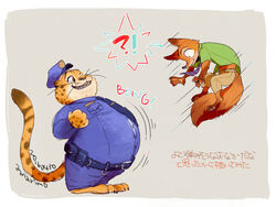  2016 ?! amarimo anthro benjamin_clawhauser border bottomwear brown_body brown_fur canid canine cheetah clothed clothing disney duo felid feline fox fully_clothed fur grey_background hat headgear headwear japanese_text mammal midair necktie nick_wilde overweight pants red_fox shirt simple_background text topwear true_fox white_border zootopia 