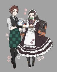  1boy alternate_costume apron bit_gag black_hair black_necktie black_pants black_vest brother_and_sister brown_hair cake checkered_apron checkered_clothes closed_mouth commentary dress earrings enmaided female flower food frilled_dress frills gag gagged grey_background highres holding jewelry kamado_nezuko kamado_tanjirou kimetsu_no_yaiba long_hair maid maid_headdress multicolored_hair necktie pants papajay_(jennygin2) pink_eyes red_hair scar scar_on_face scar_on_forehead shirt siblings simple_background standing steam symbol-only_commentary teapot vest waist_apron waiter waitress white_apron 