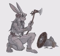  2022 anklet anthro axe biped bracelet claws digital_media_(artwork) facial_scar female fur grey_body grey_fur grey_hair hair hi_res holding_axe holding_object jewelry kneeling lagomorph leporid long_hair mammal rabbit round_shield scar scars_all_over shield simple_background solo toe_claws toffee_32 triskele triskelion warrior weapon white_background 