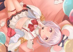  absurdres animal_ears black_socks blush bow box box_of_chocolates chocolate commentary_request couch cropped_shirt fake_animal_ears female food frilled_skirt frills granblue_fantasy grey_hair hairbow hand_up highres holding holding_chocolate holding_food kneehighs kuroliu_9021 long_sleeves looking_at_viewer lying midriff miniskirt mouse_(animal) mouse_ears navel on_back on_couch pink_hair pleated_skirt shirt short_hair skirt socks solo upside-down vikala_(granblue_fantasy) white_shirt yellow_skirt 