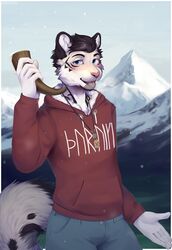  2020 5_fingers anthro blue_eyes clothing dannoitanart digital_media_(artwork) drinking_horn felid fingers hi_res hoodie horn male mammal nordic_runes pantherine red_clothing red_hoodie red_topwear smile solo text text_on_clothing text_on_hoodie text_on_topwear tiger topwear 