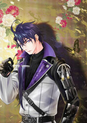  1boy ahoge belt black_belt black_gloves black_shirt bug butterfly ear_piercing flower glasses gloves hair_between_eyes jacket looking_at_viewer male_focus mutoyuta nikkou_ichimonji_(touken_ranbu) piercing ponytail purple_eyes purple_hair red_flower shirt solo swallowtail_butterfly touken_ranbu unworn_eyewear white_flower white_jacket 