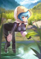  ayanami_rei bad_id bad_pixiv_id black_bodysuit black_gloves blue_hair blue_sky bodysuit boots bow breasts bug cloud commentary day dragonfly evangelion:_3.0+1.0_thrice_upon_a_time eyebrows_hidden_by_hair farming female field gloves grass hair_between_eyes hat highres holding kerchief kernel_killer looking_at_viewer mountain neon_genesis_evangelion open_mouth outdoors plugsuit rebuild_of_evangelion red_eyes reflection rock rubber_boots seedling short_hair sky solo water 