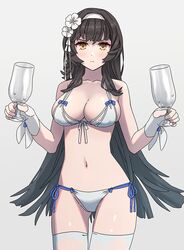  ass_visible_through_thighs bikini black_hair blush breasts cleavage closed_mouth commentary_request cowboy_shot cup drinking_glass dual_wielding female fingerless_gloves girls&#039;_frontline gloves grey_background hairband hands_up headband holding korean_commentary large_breasts long_hair looking_at_viewer navel official_alternate_costume panties side-tie_bikini_bottom simple_background solo standing string_panties swimsuit tab_(tabkun) thighhighs type_95_(girls&#039;_frontline) type_95_(summer_cicada)_(girls&#039;_frontline) underwear white_bikini white_hairband white_thighhighs yellow_eyes 