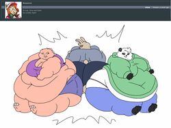  2018 3_toes 4:3 5_fingers 5_toes anthro ask_blog ass ass_to_ass barefoot batspid2 bear belly big_belly big_breasts big_butt biped black_body black_fur blue_clothing bottomwear breast_squeeze breasts claws cleavage closed_eyes clothed clothing crop_top cutoffs denim denim_bottomwear denim_clothing digital_drawing_(artwork) digital_media_(artwork) double_chin emanata english_text eyebrows eyelashes eyewear feet female fingers flabby_arms flash_emanata flat_colors frill_(anatomy) fur giant_panda glasses green_clothing grey_clothing group hair head_crest head_frill hoodie huge_belly huge_breasts huge_butt huge_thighs hyper hyper_butt hyper_hips hyper_thighs juna_(batspid2) lagomorph leporid lizard loa_(batspid2) love_handles mammal membrane_(anatomy) membranous_frill midriff morbidly_obese morbidly_obese_anthro morbidly_obese_female multicolored_body multicolored_fur narrowed_eyebrows navel obese obese_anthro obese_female overweight overweight_anthro overweight_female panties pants pink_body pink_clothing pink_skin purple_clothing rabbit reptile scalie scut_tail shirt short_tail shorts simple_background sofia_(batspid2) squeezing sweater tail tan_body tan_fur text thick_thighs tight_clothing toe_claws toes topwear trio two_tone_body two_tone_fur underwear white_background white_body white_fur white_hair 