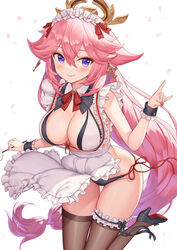  animal_ears bare_shoulders bikini black_bikini black_panties black_thighhighs blush breasts cleavage commentary_request earrings female fox_ears genshin_impact hamahama highres jewelry large_breasts long_hair looking_at_viewer maid panties pink_hair purple_eyes revealing_clothes side-tie_panties smile solo string_panties swimsuit thighhighs thighs underwear yae_miko 