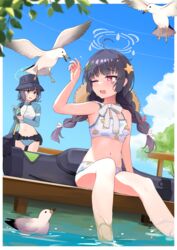  2girls absurdres belt bikini bikini_bottom_only bird black_hair blue_archive blue_bikini blue_sky braid breasts bright_pupils bucket_hat choker cloud commentary_request cropped_jacket day frilled_ribbon frills green_halo grey_halo hair_ornament halo hand_up hat hat_on_back highres holding holding_map jacket kuroliu_9021 leaf leaf_on_head leaf_print long_hair long_sleeves looking_at_another map medium_breasts miyu_(blue_archive) miyu_(swimsuit)_(blue_archive) multicolored_clothes multicolored_jacket multiple_girls navel official_alternate_costume one_eye_closed open_mouth outdoors print_bikini purple_hair red_eyes ribbon ribbon_choker saki_(blue_archive) saki_(swimsuit)_(blue_archive) seabird seagull sitting sky small_breasts soaking_feet standing star_(symbol) star_hair_ornament straw_hat sweat swimsuit tree twin_braids two-tone_jacket utility_belt weapon_case wet white_bikini white_pupils 