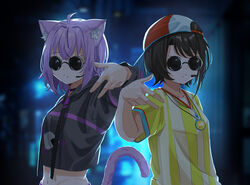  2girls animal_ears black_hair cat_ears cat_girl cat_tail cowboy_shot daichi_(daichi_catcat) gang_sign headset highres hololive looking_at_viewer multiple_girls nekomata_okayu nekomata_okayu_(1st_costume) oozora_subaru oozora_subaru_(1st_costume) purple_hair round_eyewear serious short_hair sunglasses tail virtual_youtuber 